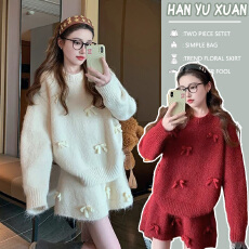批发孕妇装韩系深冬穿搭毛衣套装女2025新款重工蝴蝶结针织短裙两件套
