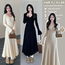 批发孕妇装V领内搭长袖针织连衣裙2025<b class='q'>秋</b>冬新款高级感显瘦修身长裙子