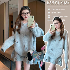 孕妇装蝴蝶结毛衣套装女2025新款冬季加厚韩系慵懒针织短裙两件套