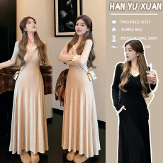 批发<b class='q'>孕妇装</b>2025蕾丝拼接内搭长袖连衣裙女秋冬修身长裙设计感针织裙子