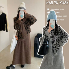 批发孕妇装2025冬装搭配一整套气质休闲慵懒豹纹针织毛衣半裙两件套装