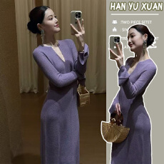 批发孕妇法式气质轻奢高级感巨好看温柔风特别漂亮紫色掐腰针织<b class='q'>连衣裙</b>