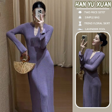 批发孕妇装2025秋冬<b class='q'>连衣裙</b>春秋款时尚V领修身针织裙内搭气质打底长裙