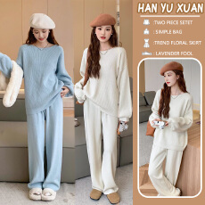 孕妇装秋冬新款高级感气质宽松慵懒风针织毛衣上衣+阔腿裤两件套