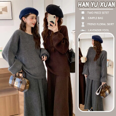 批发孕妇装2025<b class='q'>秋</b>冬新款韩系休闲洋气时尚针织毛衣上衣+半身裙套装