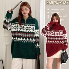 孕妇装2025新款拉链套头红色毛衣女春秋季圣诞针织衫外套连衣裙