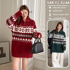 孕妇装2025新品圣诞冬季穿搭宽松红色针织连衣裙毛衣