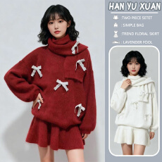 孕妇超火冬装一整套韩系氛围感蝴蝶结设计毛衣围巾半身裙毛衣套装