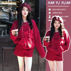 批发圣诞节新年红色毛衣套装女秋冬穿搭一整套蝴蝶结针织衫短裤两件套