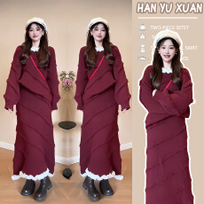 孕妇装新年氛围感穿搭红色毛衣套装新款木耳边拼接上衣+A字半身裙