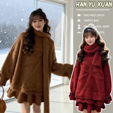 孕妇装穿搭套装女2025秋冬季新款宽松慵懒针织衫围巾半身裙三件套