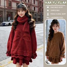 孕妇套装秋冬新款红色蝴蝶结毛女衣2026新款韩系慵懒显瘦三件套