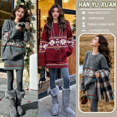 批发孕妇装2026新年新品慵懒风费尔岛圣诞红毛衣套装女秋冬两件套裙