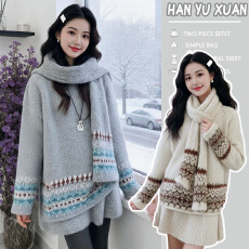 批发孕妇装秋冬慵懒风套装2026新款时尚跨新年喜庆毛衣短裤围巾三件套