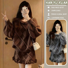 批发孕妇装2026超火冬装富家千金小香风粉色针织毛衣独特超好看套装裙