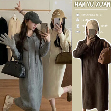 批发连帽针织连衣裙女2025<b class='q'>春</b>秋新款内搭小个子打底宽松毛衣裙秋冬杏色