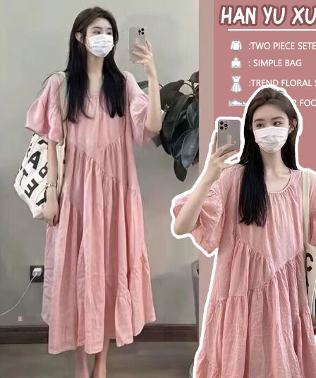 출산 착용 서리가 내린 바람 핑크색 차 휴식 치마 여름 계절 2026 년 새로운 주름 디자인 센스 거품 소매 드레스