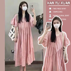 批发<b class='q'>孕妇装</b>冷淡风粉色茶歇裙夏季季2026年新款褶皱设计感泡泡袖连衣裙