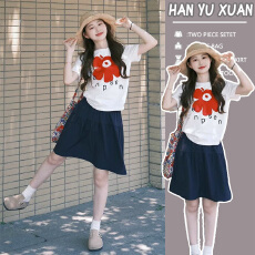 批发<b class='q'>孕妇装</b>2026年夏季新款纯棉正肩短袖白t恤印花上衣+蓝色半身裙