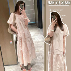 2026年新品法式显瘦短袖连衣裙宽松减龄长裙小个子气质度假慵懒风