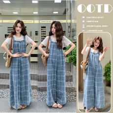 2026夏季新款韩系简单白色T恤+格子牛仔背带裤两件套孕妇装