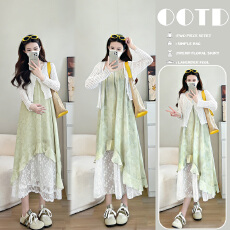 批发实拍 有货2026年夏季新品白色镂空开衫+绿色拼接蕾丝吊带裙两件套