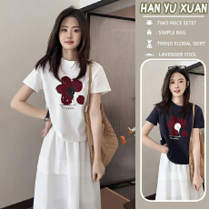 批发有货 2026年 夏季韩系花朵宽松短袖印花<b class='q'>t</b><b class='q'>恤</b>+白色拼花边托腹半身裙