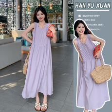 有货2026年夏季新款大码宽松遮肚拼接无袖紫色背心连衣裙