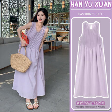 2026年夏季新款度假风法式小个子收腰紫色无袖背心连衣裙