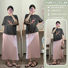 批发有货2026年夏季新款多巴胺圆领小狗印花短袖<b class='q'>T</b><b class='q'>恤</b>+粉色托腹半身裙