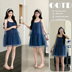 批发实拍  有货2026夏季新品法式宽松百搭网纱蓬蓬蝴蝶结蓝色吊带裙