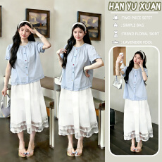 批发实拍  有货 2026年夏法式蓝色短袖棉麻<b class='q'>上衣</b>+白色拼接花边半身裙