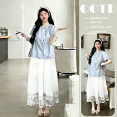 批发实拍有货2026新款韩系圆领彩扣木耳边袖衬衫<b class='q'>上衣</b>+白色托腹半身裙