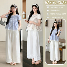 实拍 有货 2026年夏季新款韩系泡泡袖宽松上衣+白色木耳边阔腿裤