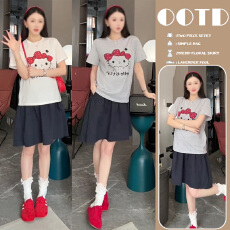 批发有货 2026年夏季新款韩系圆领短袖卡通T恤+时尚半身短裙两件套