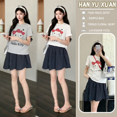 批发实拍 有货2026年夏季新款卡通T恤短袖+休闲宽松半身短裙两件套装