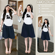 批发<b class='q'>实拍</b> 有货2026年夏季新款波点小狗白色宽松T恤+蓝色半身裙两件套