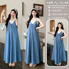 实拍 2026年夏季新品韩版欧美风辣妈时尚白色背心+蓝色牛仔吊带裙