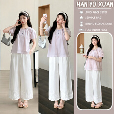 批发实拍 有货2026年夏季韩系彩扣圆领花边拼接短袖<b class='q'>上衣</b>+白色阔腿<b class='q'>裤</b>