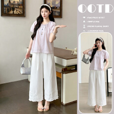 批发实拍  2026年夏季新款韩系紫色彩色扣子<b class='q'>上衣</b>+白色阔腿<b class='q'>裤</b><b class='q'>两件套装</b>