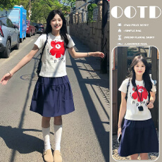 批发2026韩系夏日休闲通勤穿搭红花短袖白T恤上衣女<b class='q'>孕妇装</b>半裙两件套