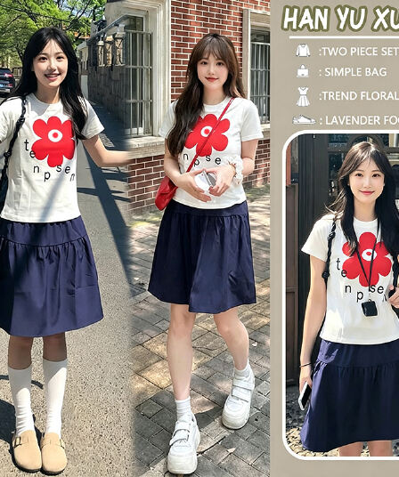 2026 한 부서 여름 캐주얼 출퇴근 착용 가져 가라. 홍화 반팔 흰색 티셔츠 맨위 여성 출산 착용 반 스커트 투피스 세트