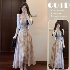 批发孕妇紫色碎花吊带连衣裙子女<b class='q'>夏</b>秋季2026新爆款小个子气质掐腰长裙