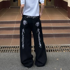批发美式复古字母花朵刺绣阔腿<b class='q'>牛仔裤</b>女夏季设计感黑色宽松阔腿<b class='q'>牛仔裤</b>