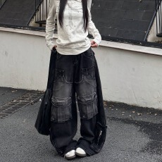 批发美式复古潮流做旧工装裤男女宽松显瘦<b class='q'>牛仔裤</b>休闲长裤