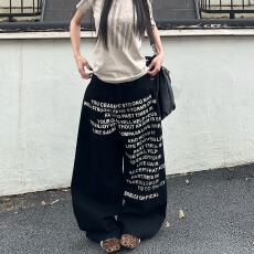 批发甜酷辣妹超好看黑色工<b class='q'>装</b>裤女字母印花春秋宽松直筒高腰长裤阔腿裤