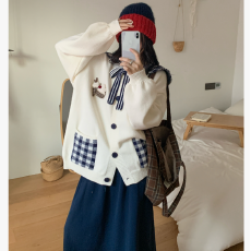 批发时尚格子拚色毛衣<b class='q'>秋</b>冬新款慵懒宽松减龄甜美针织孕妇开衫上衣