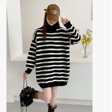 批发复古撞色条纹甜美小众设计感秋<b class='q'>冬</b>新款纽扣开领针织孕妇针织衫