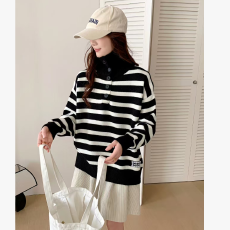批发韩系宽松慵懒风条纹撞色高翻领针织衫软糯宽松孕妇上衣时尚潮
