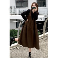 批发咖色假两件拼接中长款连衣裙秋季新款法式甜美气质<b class='q'>百搭</b>孕妇A字裙